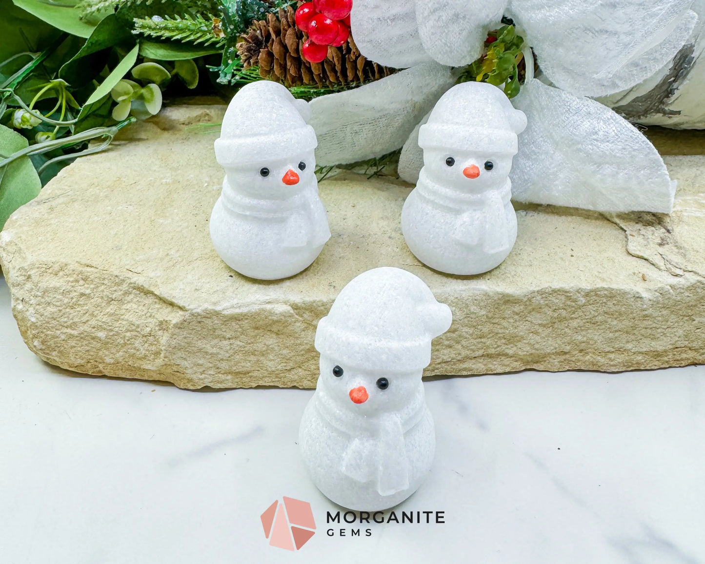 White Jade Crystal Snowman Carving (3oz) - Holiday Decor Luck & Calming Purity Stone - Metaphysical Crystals