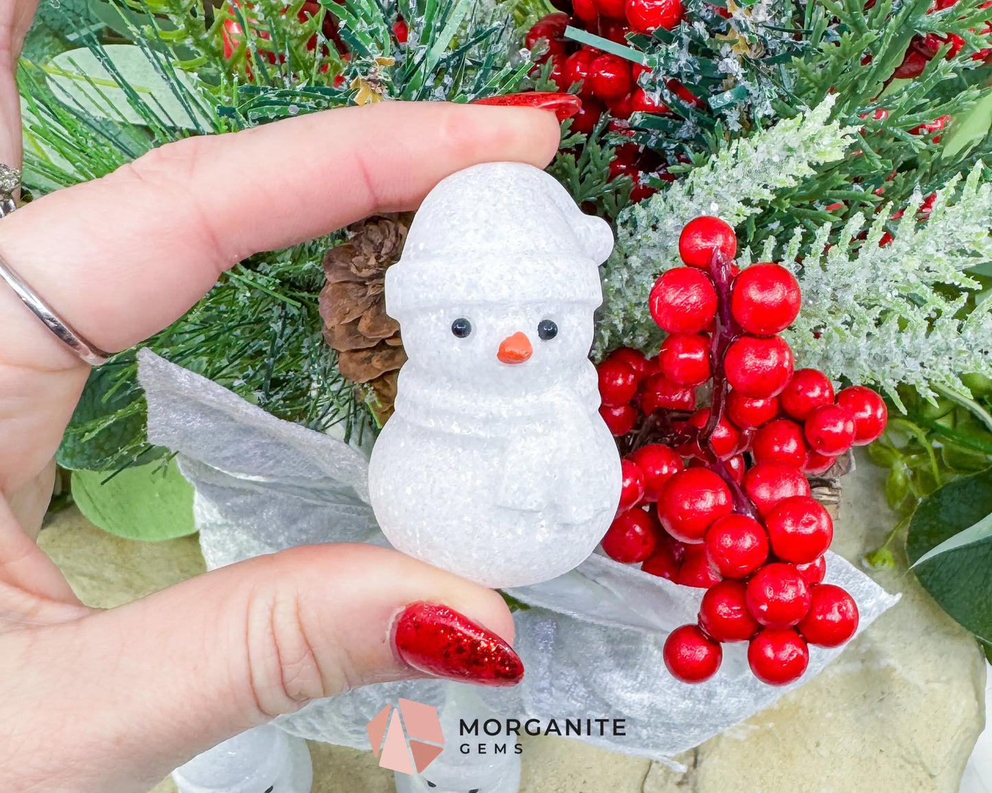 White Jade Crystal Snowman Carving (3oz) - Holiday Decor Luck & Calming Purity Stone - Metaphysical Crystals