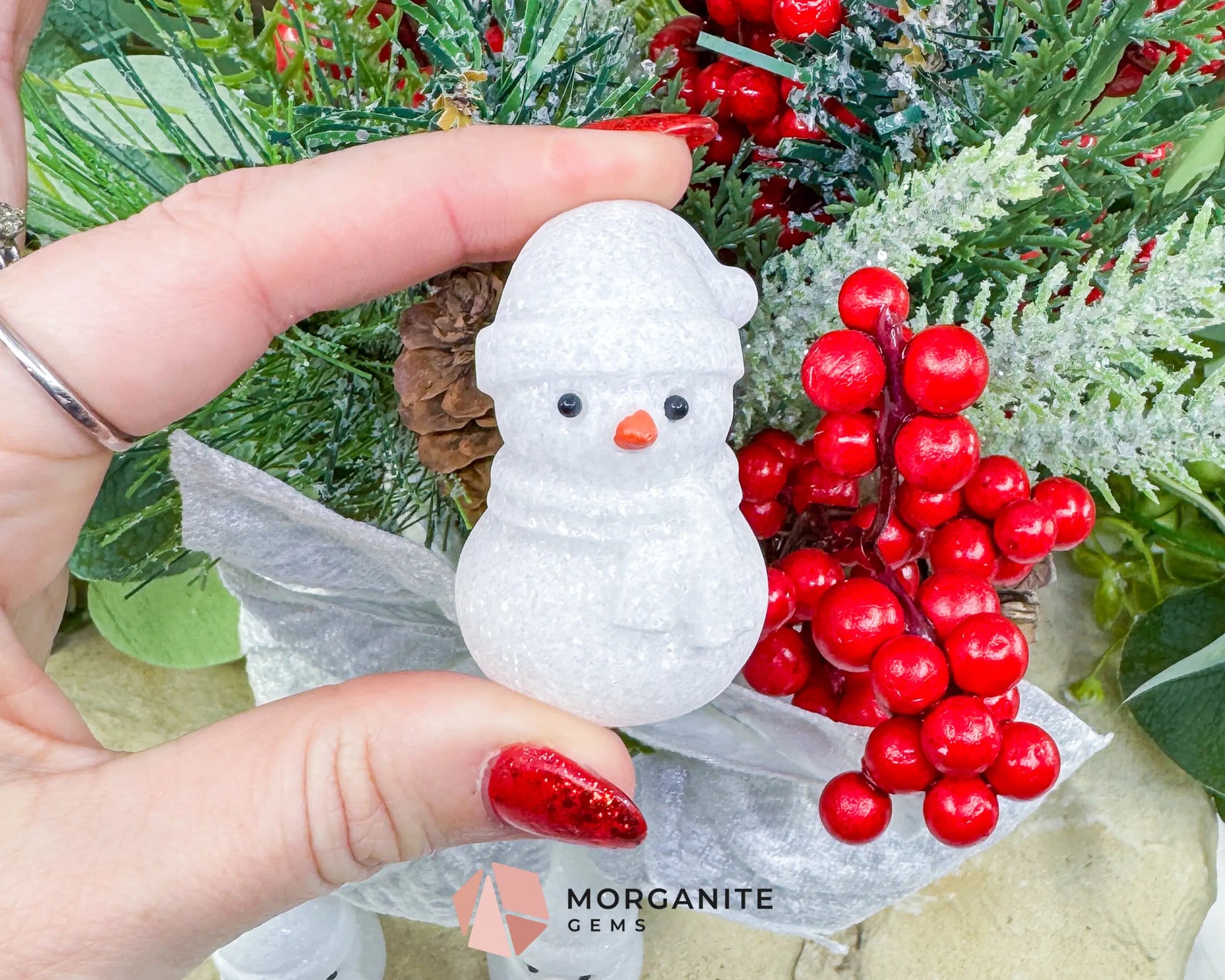 White Jade Crystal Snowman Carving (3oz) - Holiday Decor Luck & Calming Purity Stone - Metaphysical Crystals