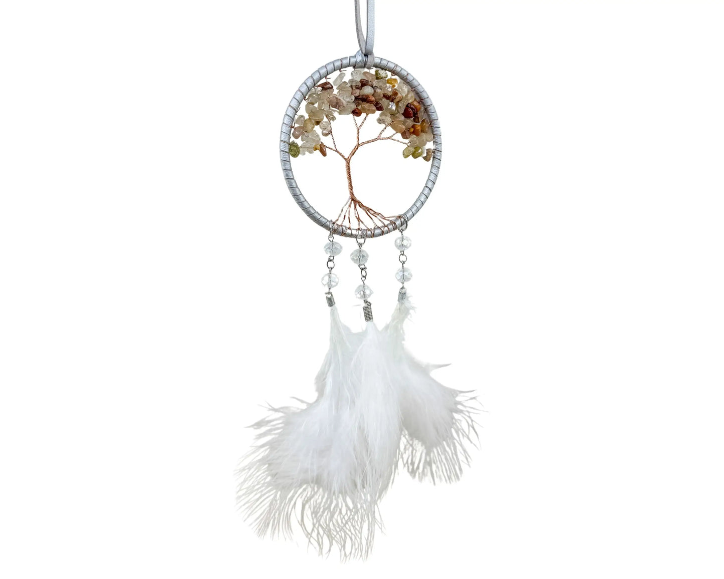 White Tree of Life Dreamcatcher with White Feathers Rearview Mirror or Wall Decor Home & Living