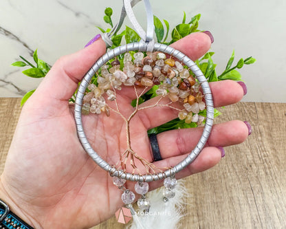 White Tree of Life Dreamcatcher with White Feathers Rearview Mirror or Wall Decor Home & Living