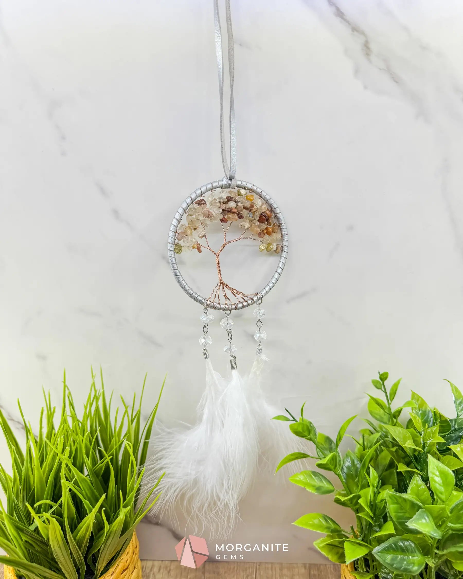 White Tree of Life Dreamcatcher with White Feathers Rearview Mirror or Wall Decor Home & Living