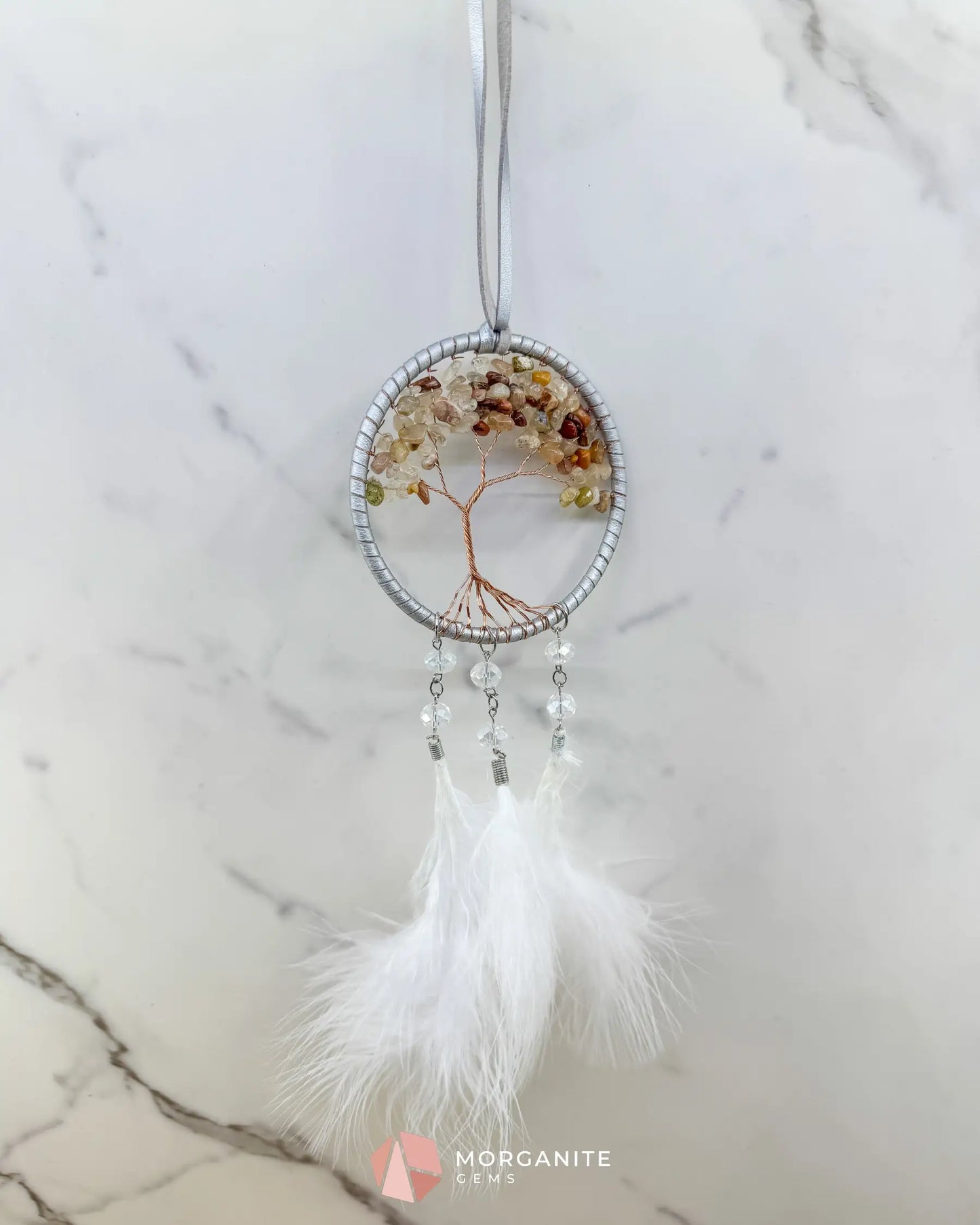 White Tree of Life Dreamcatcher with White Feathers Rearview Mirror or Wall Decor Home & Living