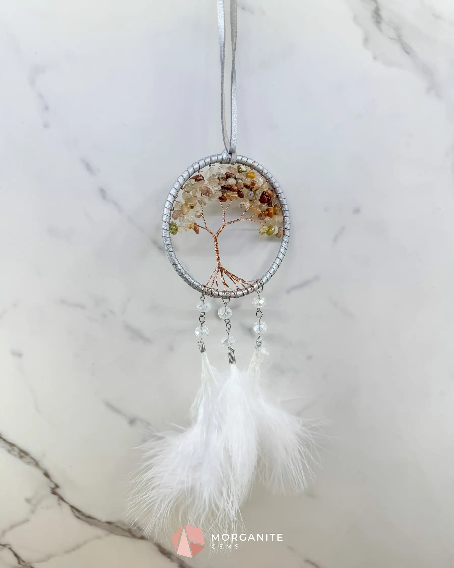 White Tree of Life Dreamcatcher with White Feathers Rearview Mirror or Wall Decor Home & Living