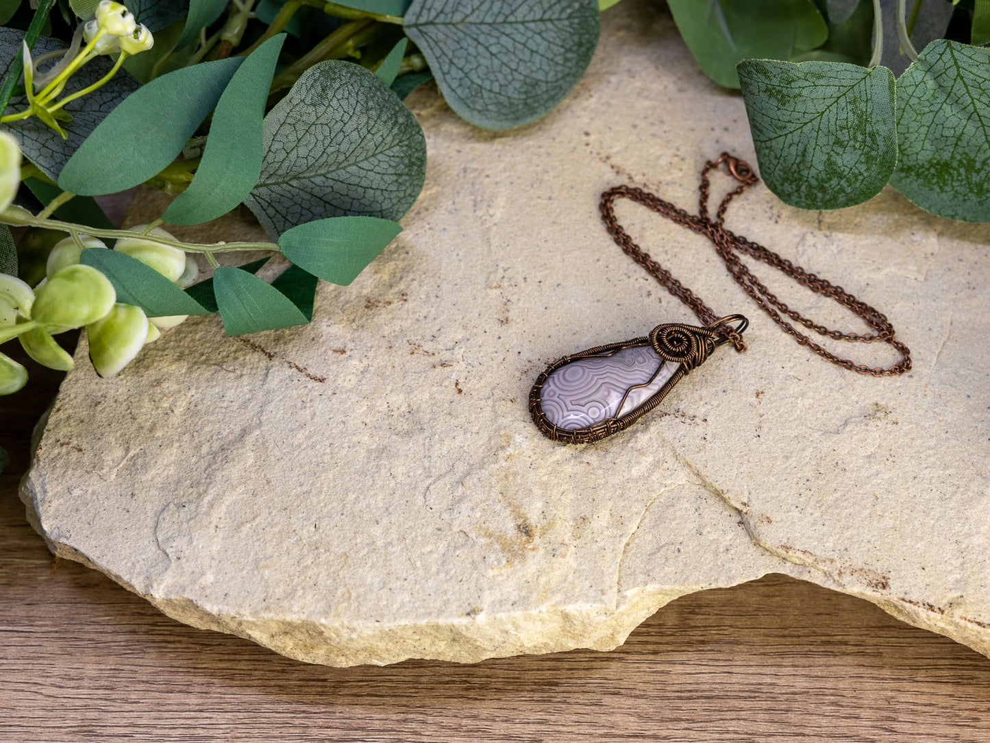 Wire-Wrapped Agate with Gray and White Patterns and Bronze Necklace