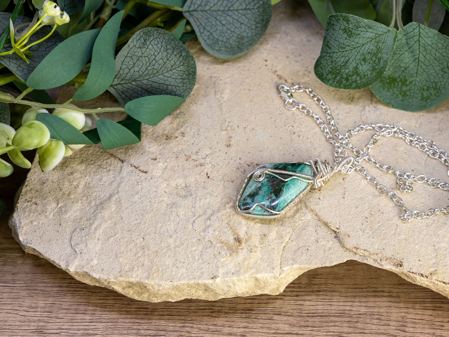 Wire-Wrapped Chrysocolla with Sterling Necklace