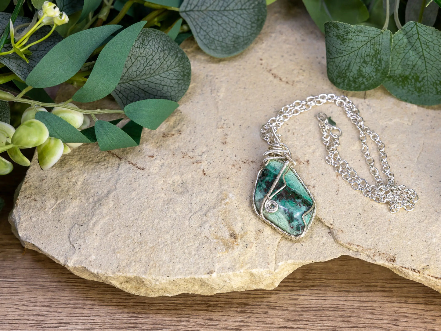 Wire-Wrapped Chrysocolla with Sterling Necklace
