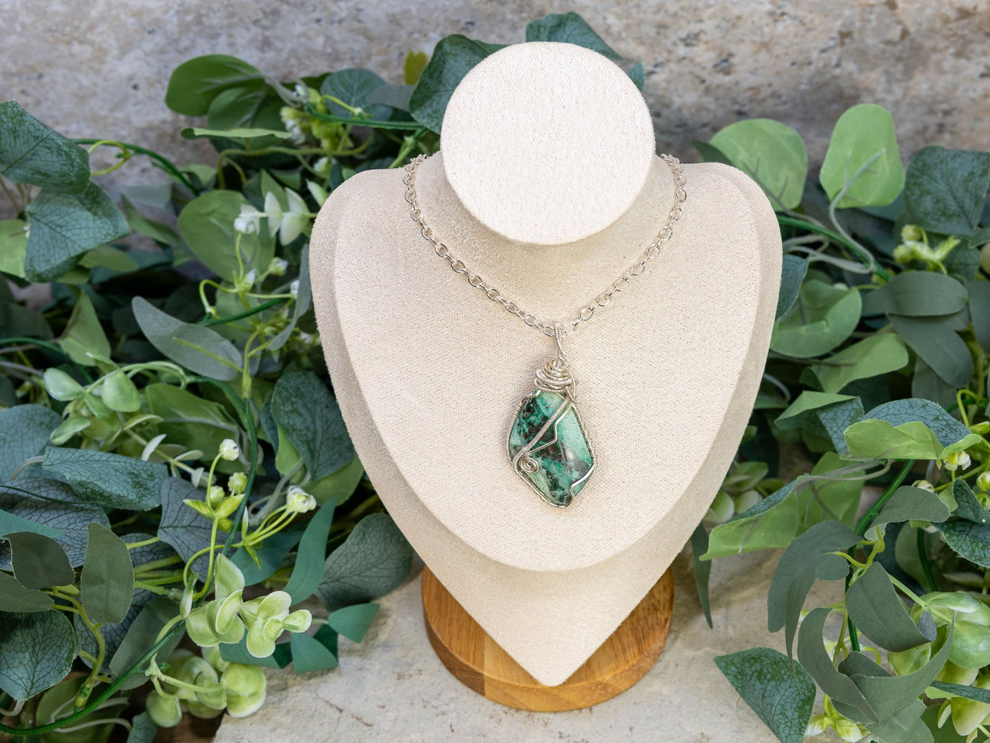 Wire-Wrapped Chrysocolla with Sterling Necklace
