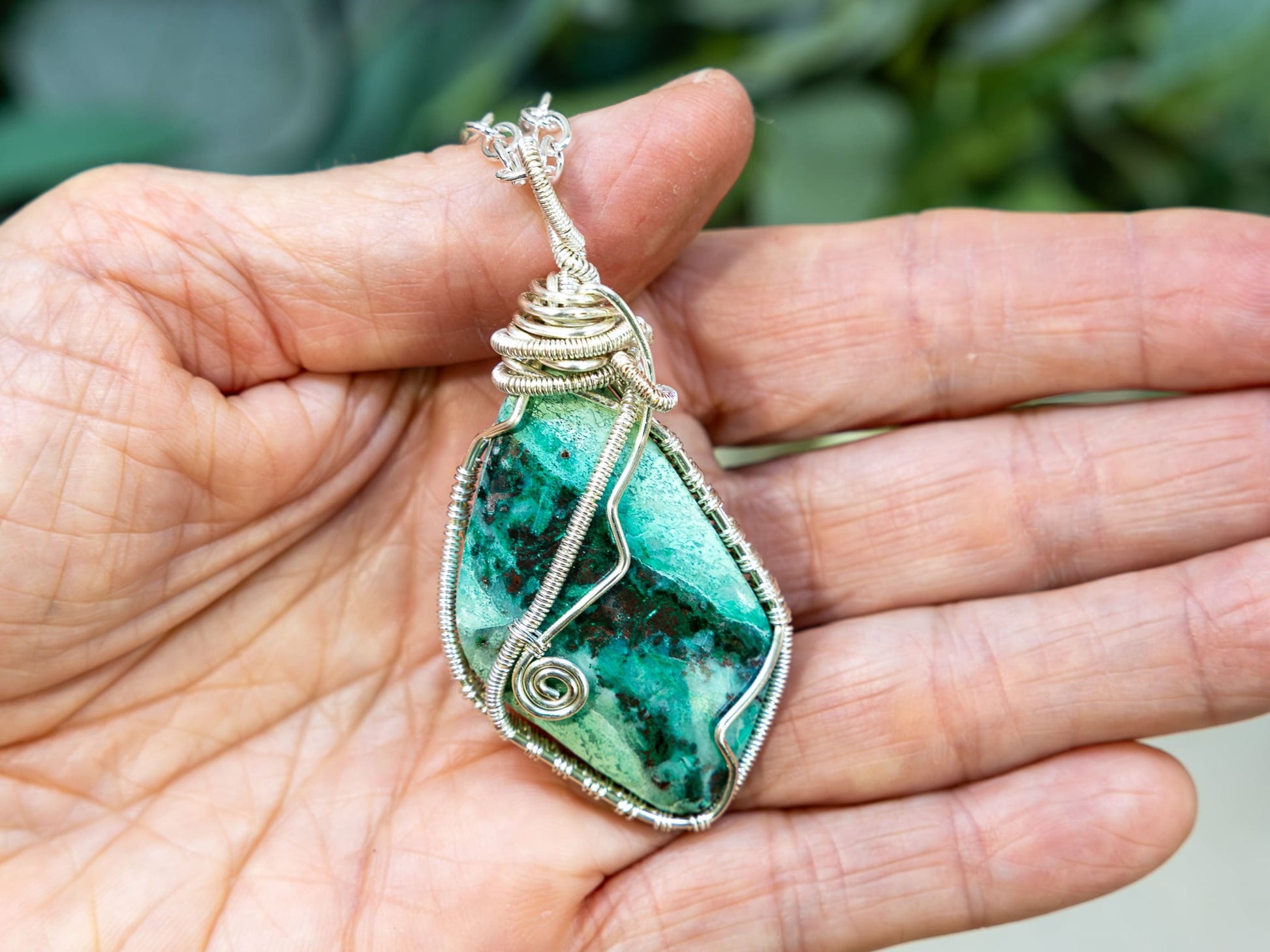 Wire-Wrapped Chrysocolla with Sterling Necklace