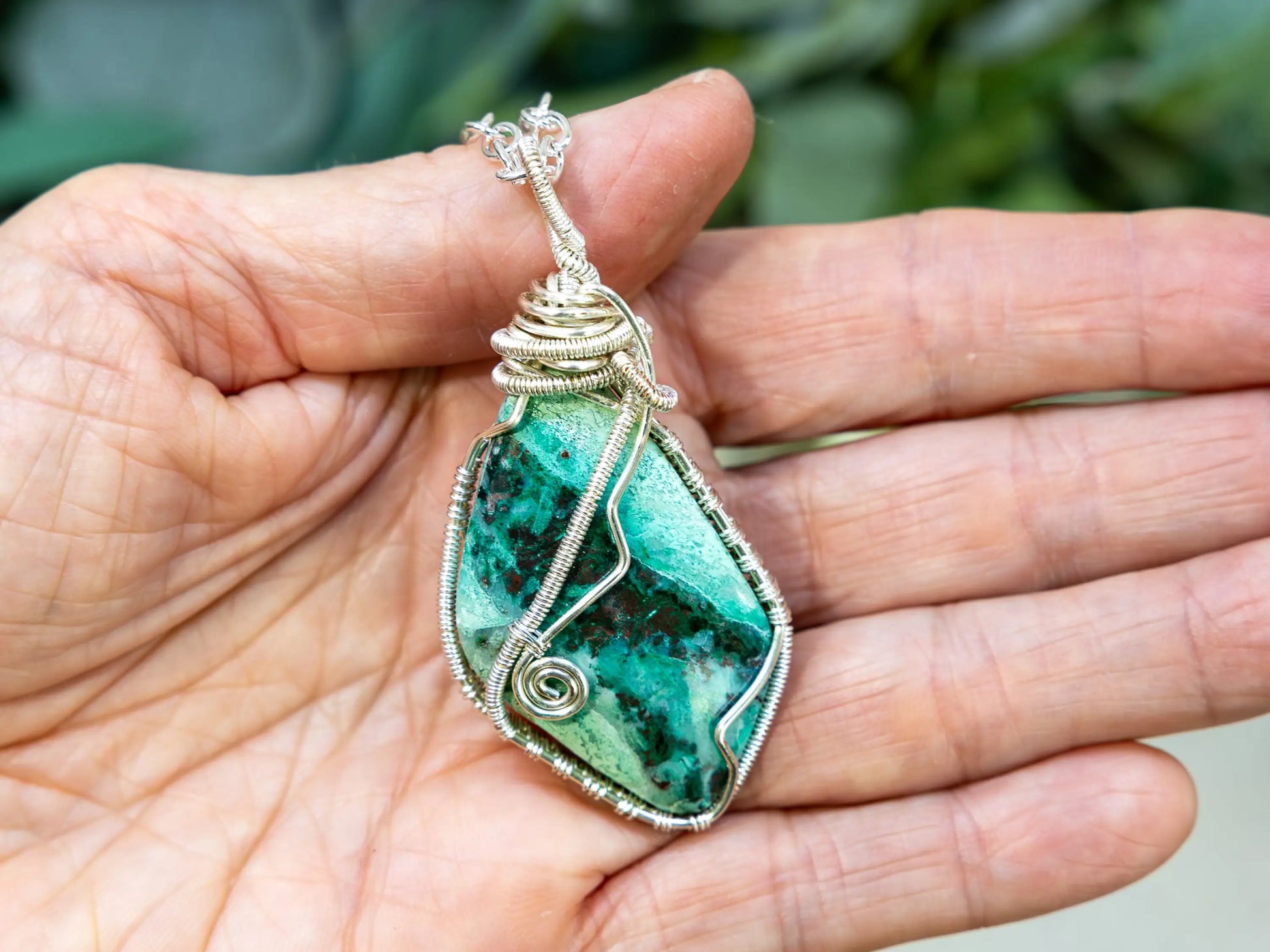 Wire-Wrapped Chrysocolla with Sterling Necklace