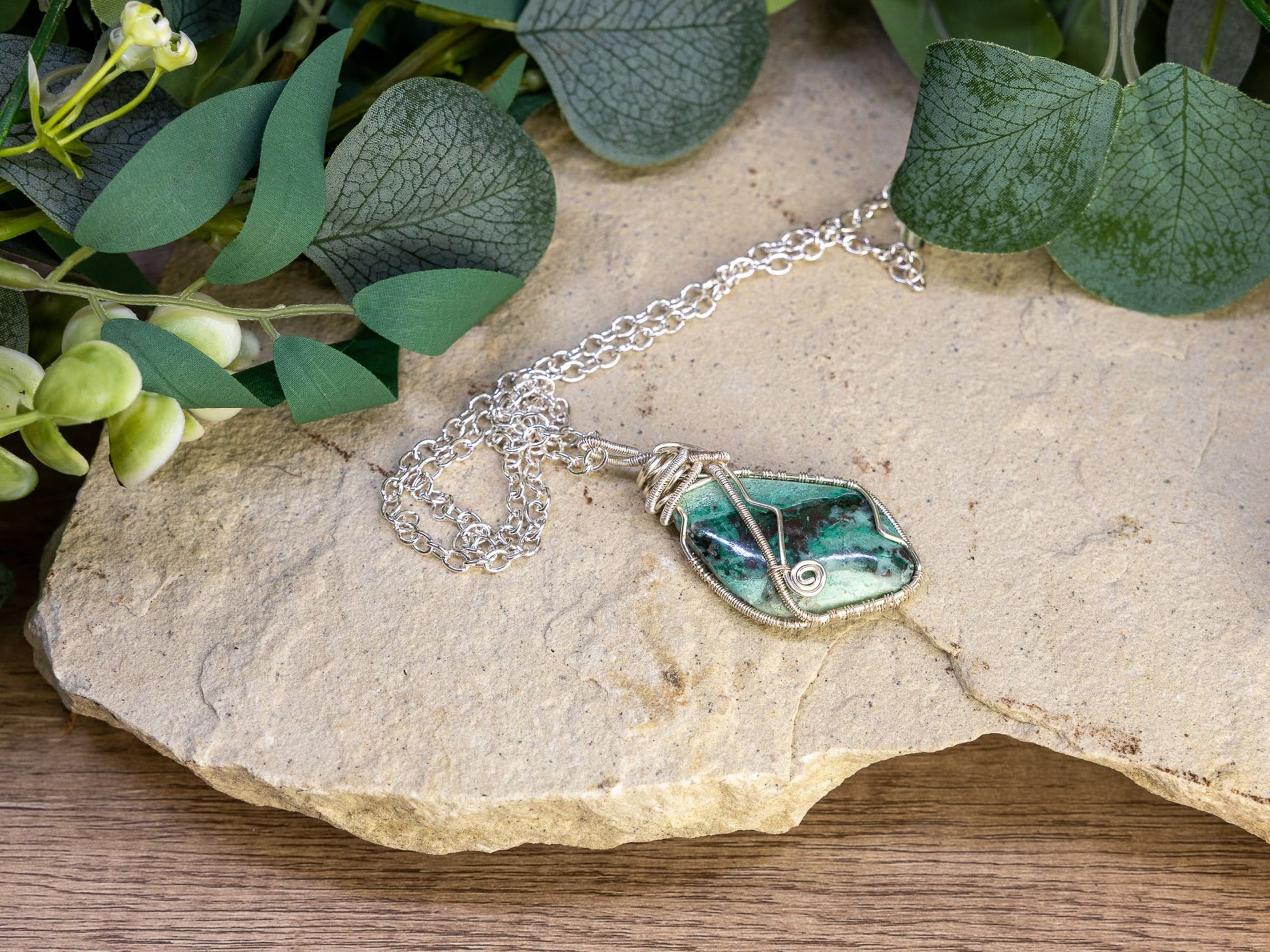 Wire-Wrapped Chrysocolla with Sterling Necklace