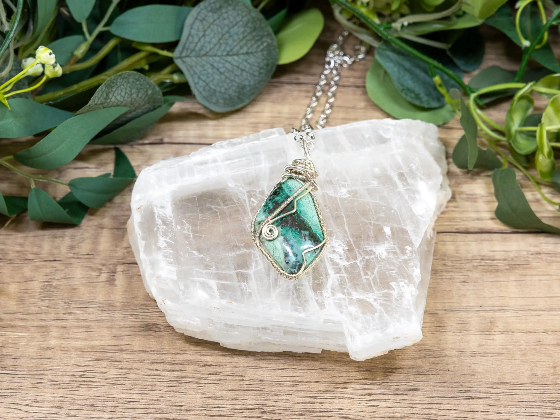Wire-Wrapped Chrysocolla with Sterling Necklace