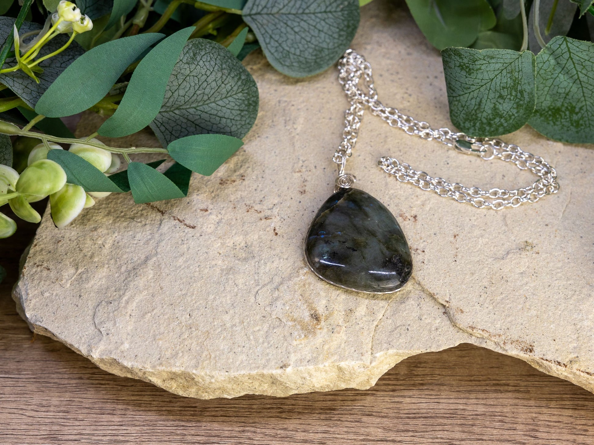Wire-Wrapped Labradorite with Sterling Necklace