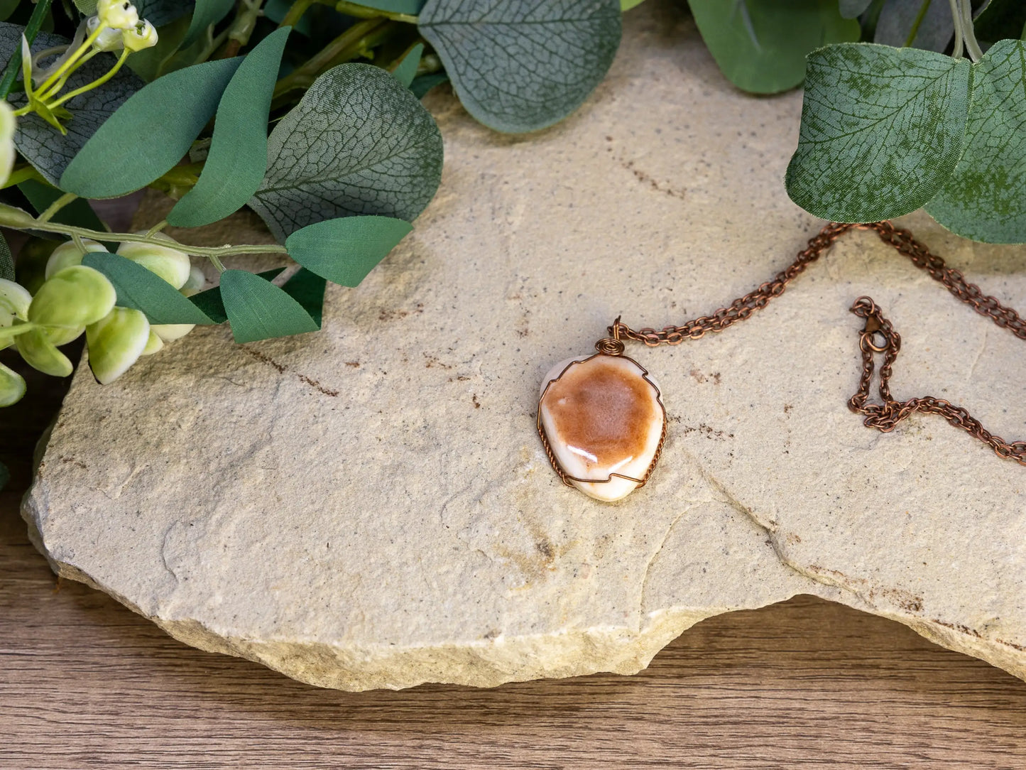 Wire-Wrapped Peruvian Pink Opal Necklace with Copper