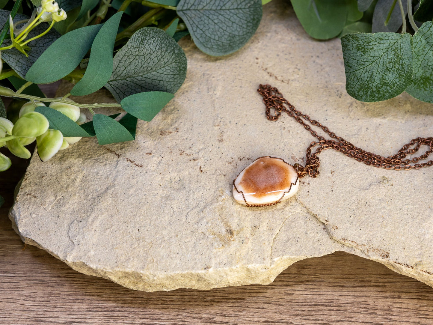 Wire-Wrapped Peruvian Pink Opal Necklace with Copper