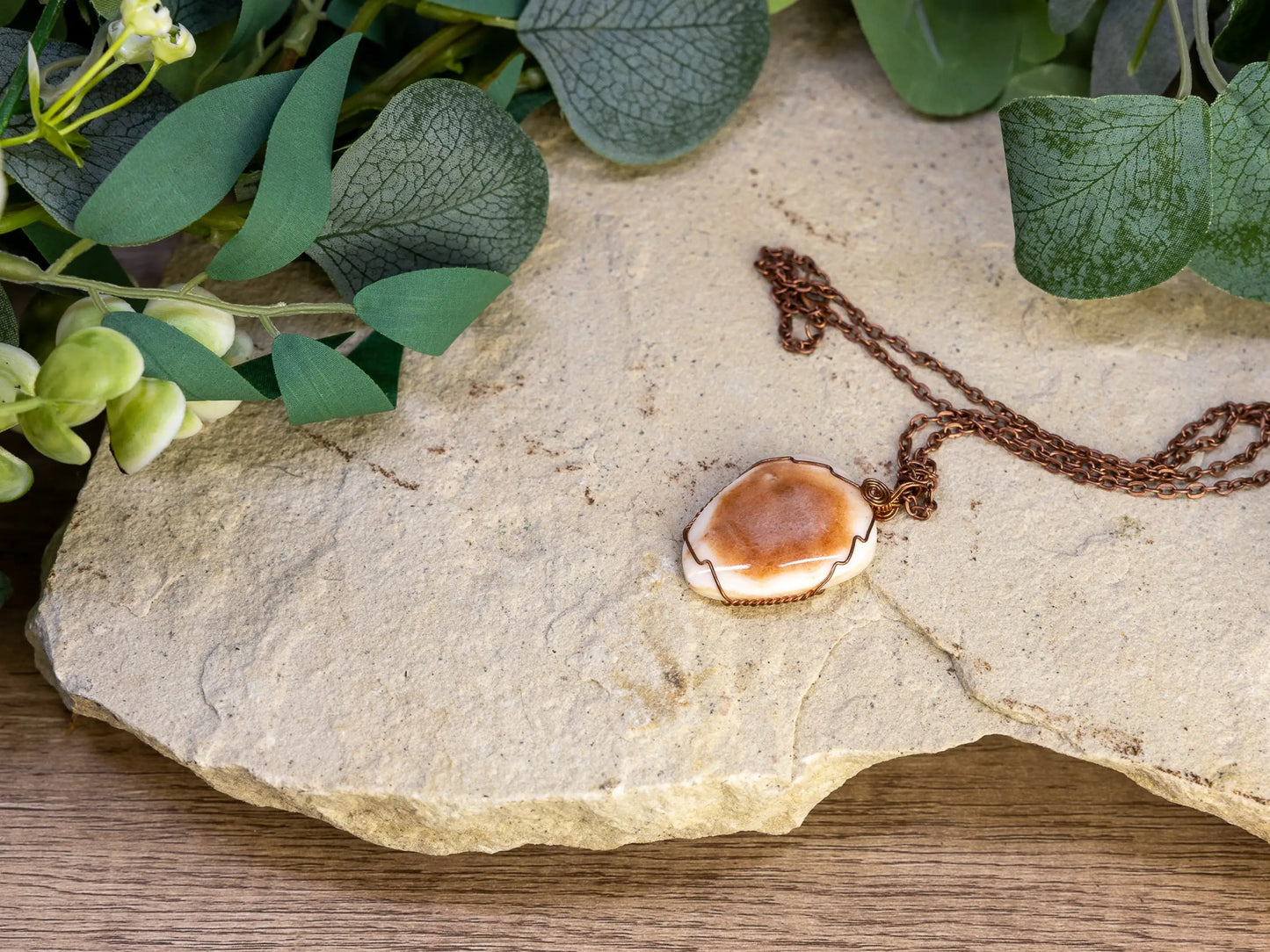 Wire-Wrapped Peruvian Pink Opal Necklace with Copper