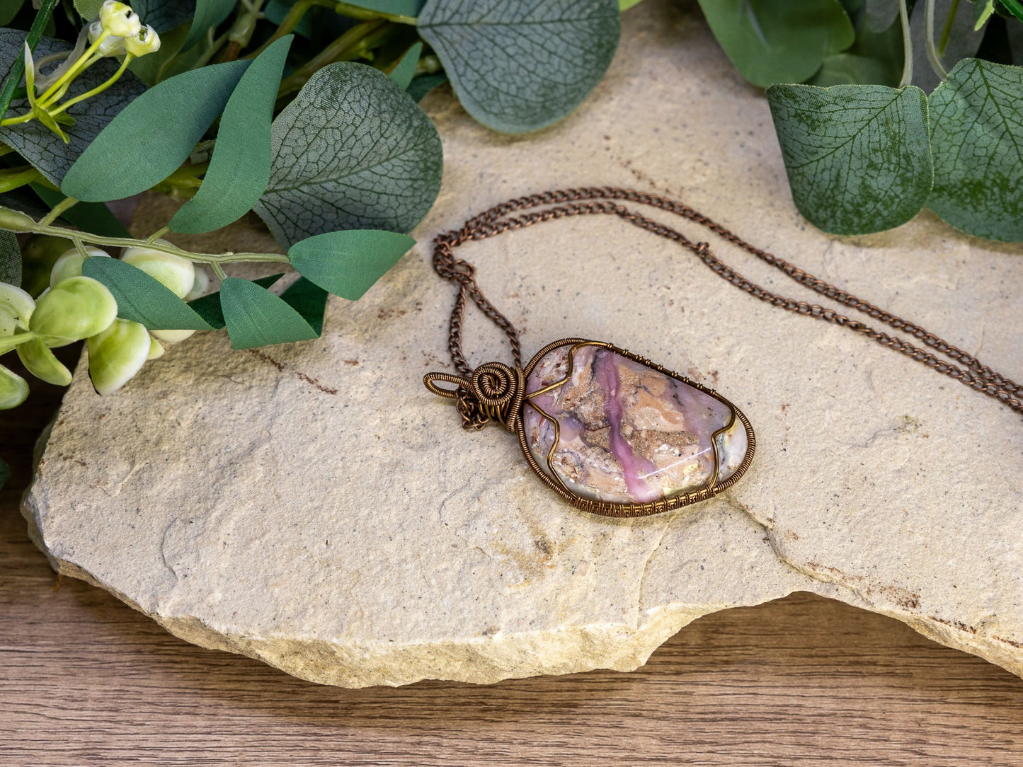 Wire-Wrapped Peruvian Pink Opal with Copper Necklace with Sterling