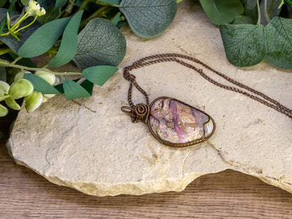 Wire-Wrapped Peruvian Pink Opal with Copper Necklace with Sterling