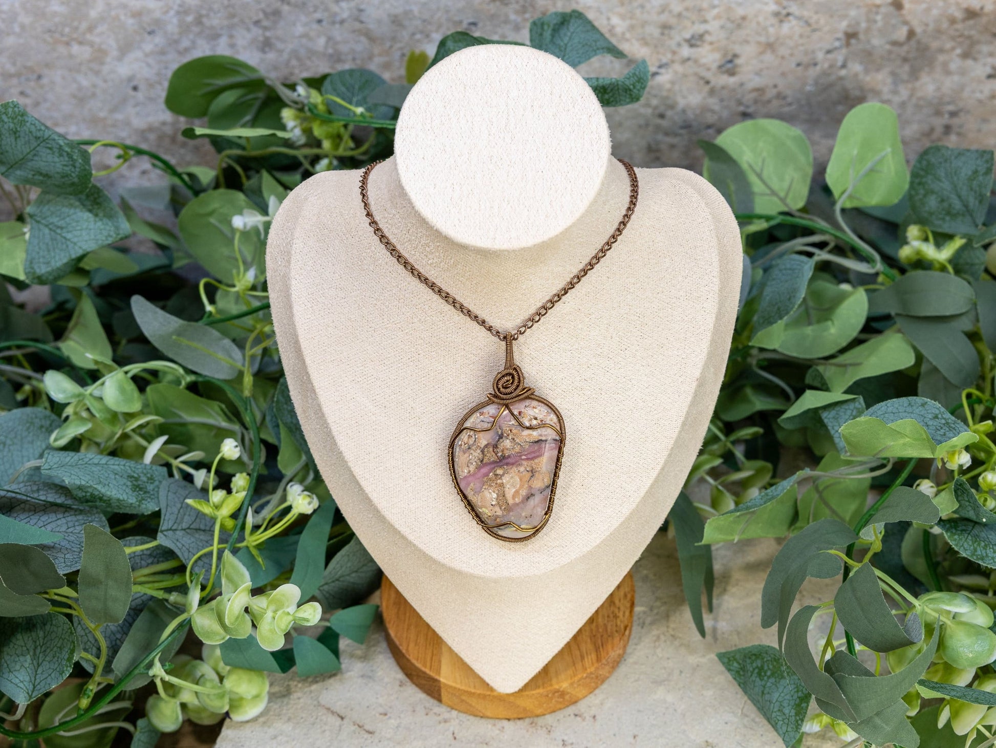 Wire-Wrapped Peruvian Pink Opal with Copper Necklace with Sterling