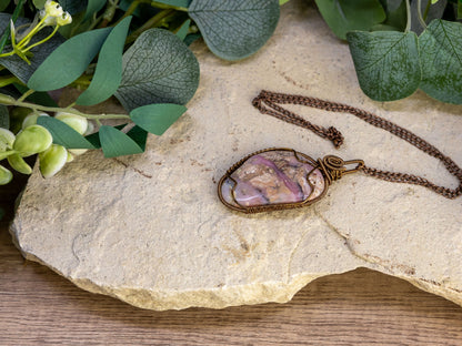 Wire-Wrapped Peruvian Pink Opal with Copper Necklace with Sterling