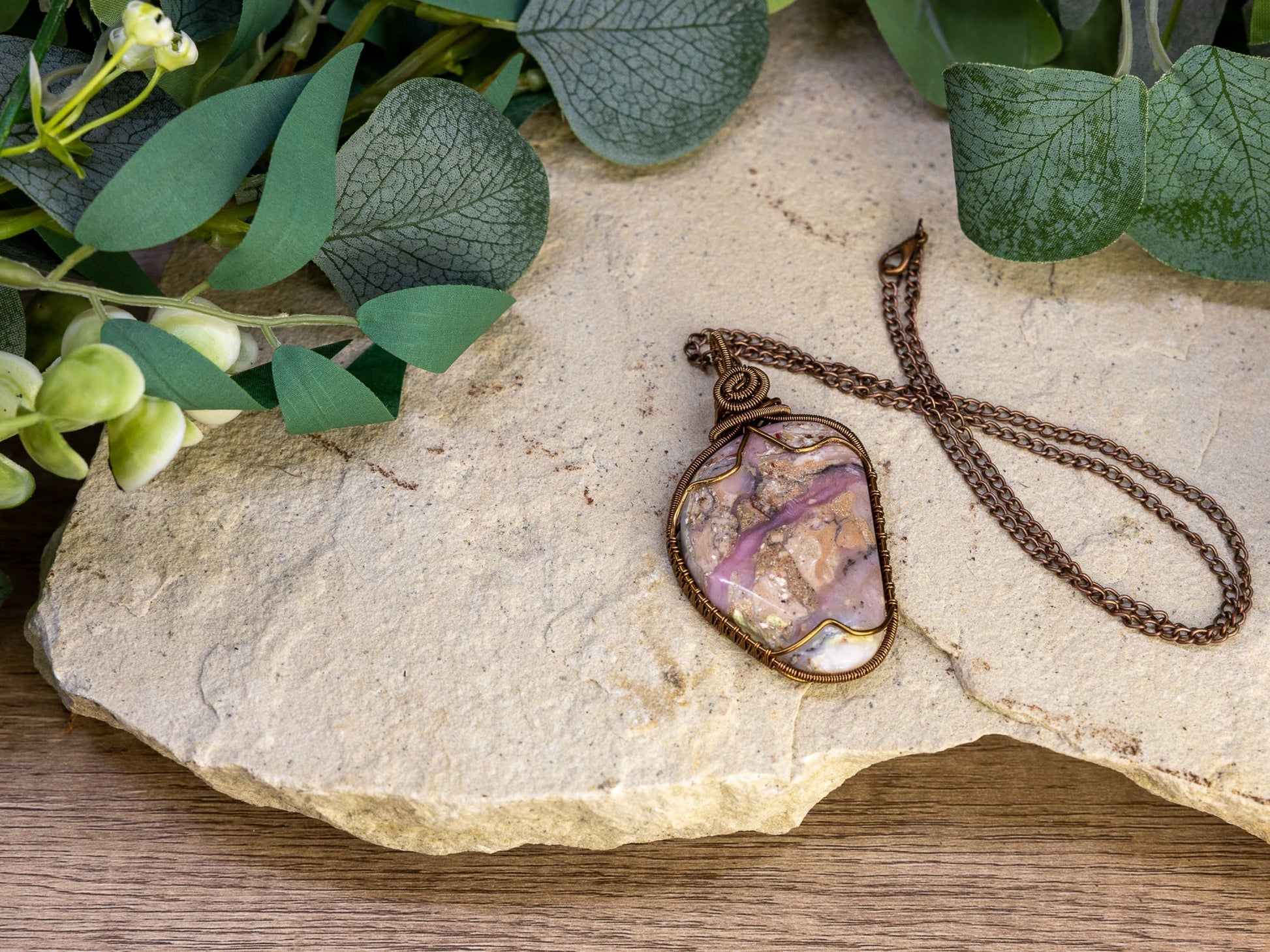 Wire-Wrapped Peruvian Pink Opal with Copper Necklace with Sterling