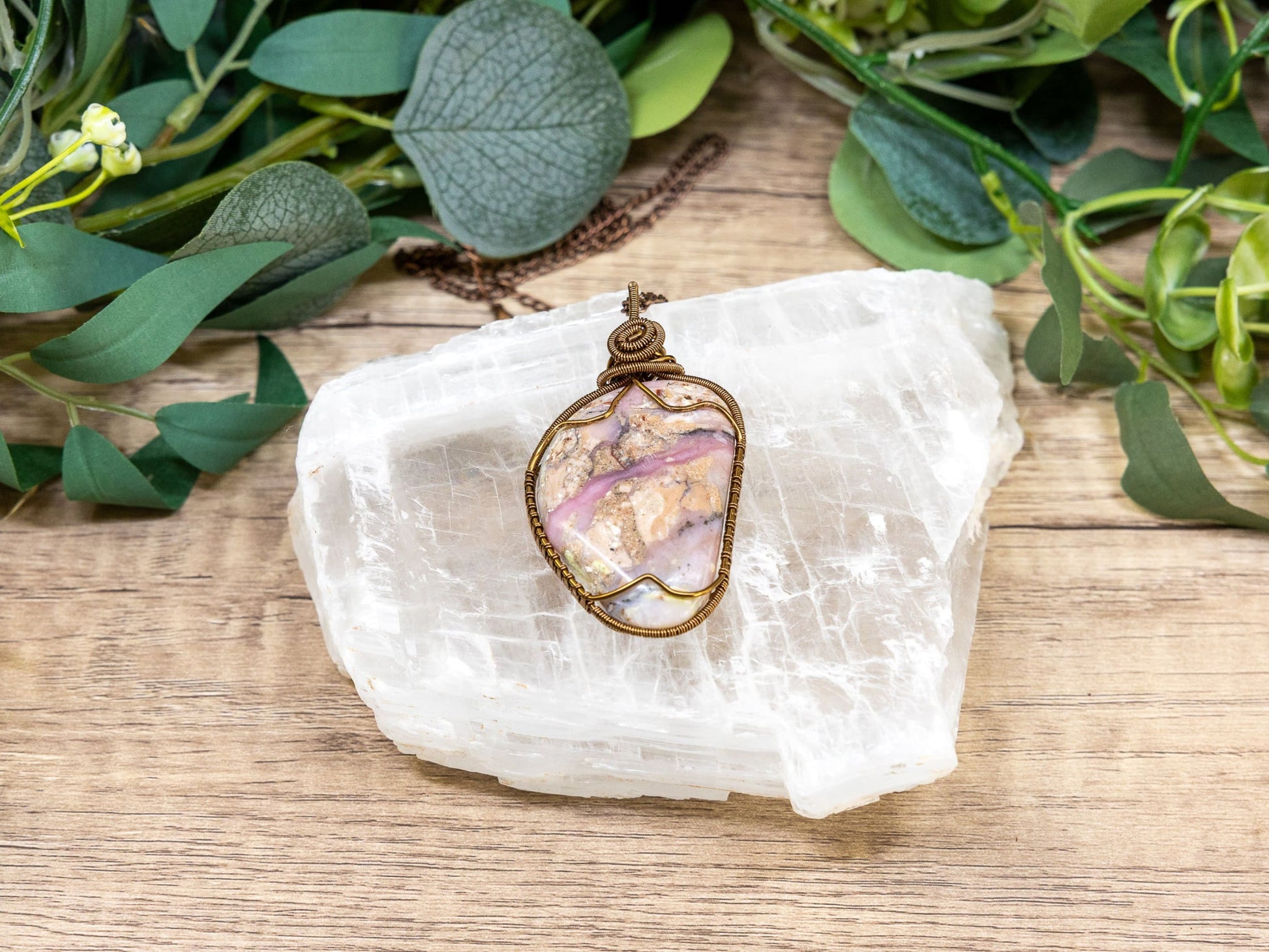 Wire-Wrapped Peruvian Pink Opal with Copper Necklace with Sterling