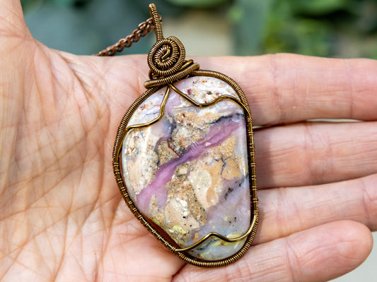 Wire-Wrapped Peruvian Pink Opal with Copper Necklace with Sterling