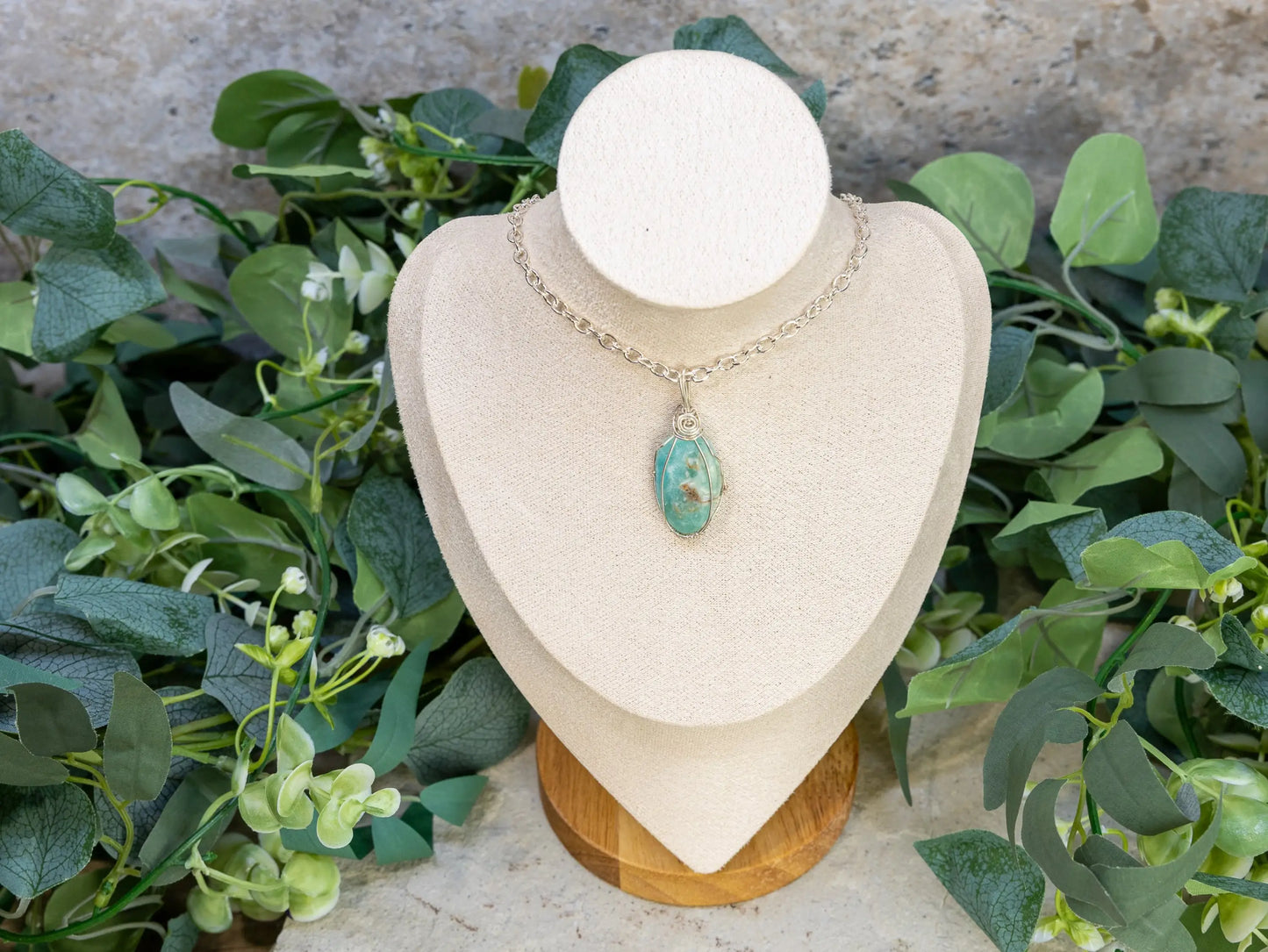 Wire-Wrapped Smithsonite/Caribbean Calcite with Sterling Necklace by Josh Felix