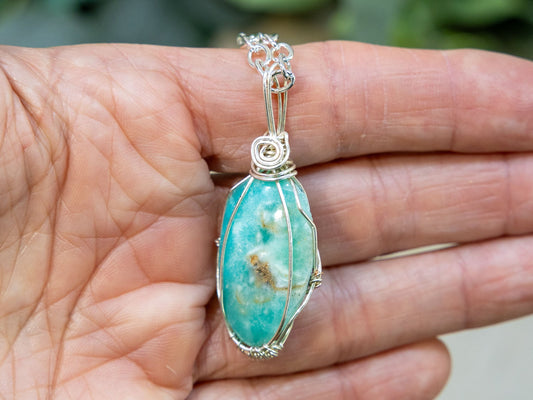Wire-Wrapped Smithsonite/Caribbean Calcite with Sterling Necklace by Josh Felix