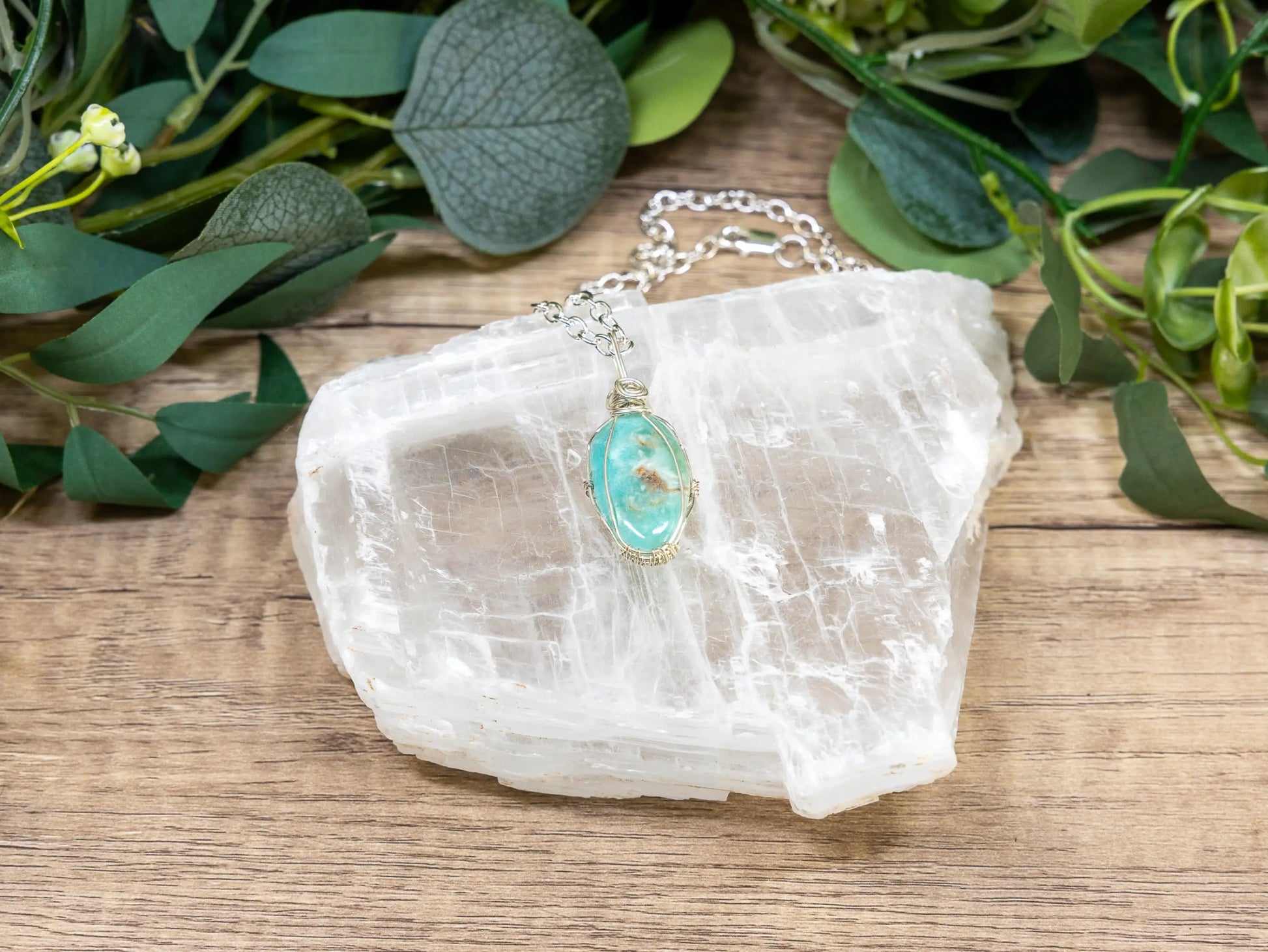 Wire-Wrapped Smithsonite/Caribbean Calcite with Sterling Necklace by Josh Felix