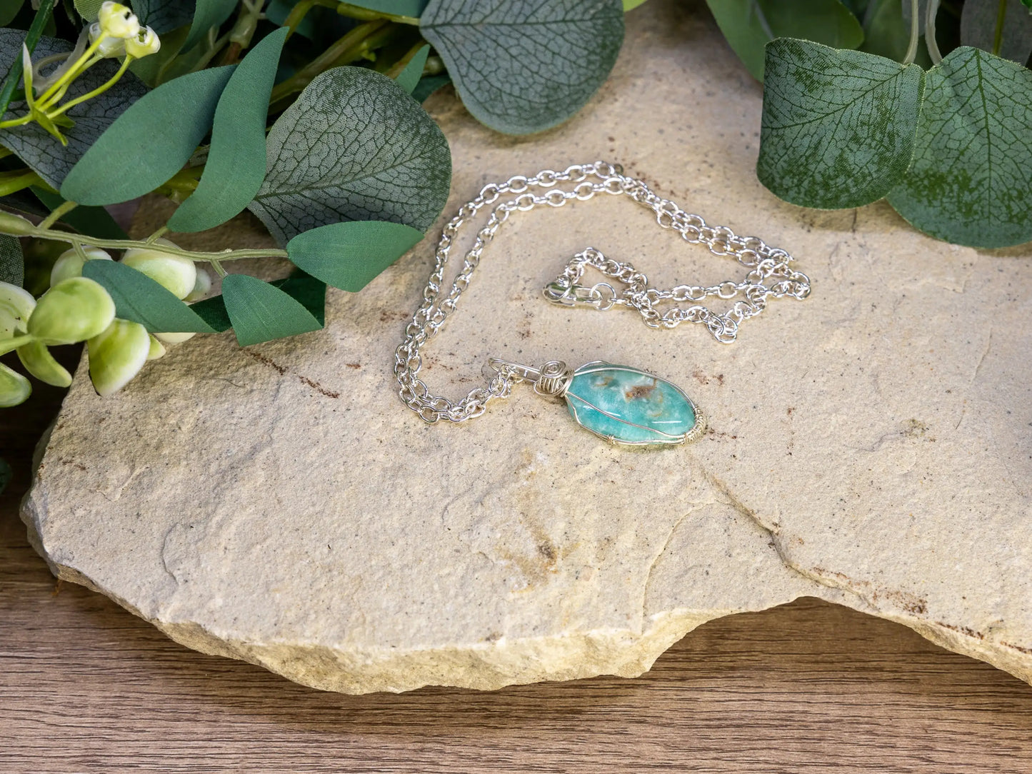 Wire-Wrapped Smithsonite/Caribbean Calcite with Sterling Necklace by Josh Felix