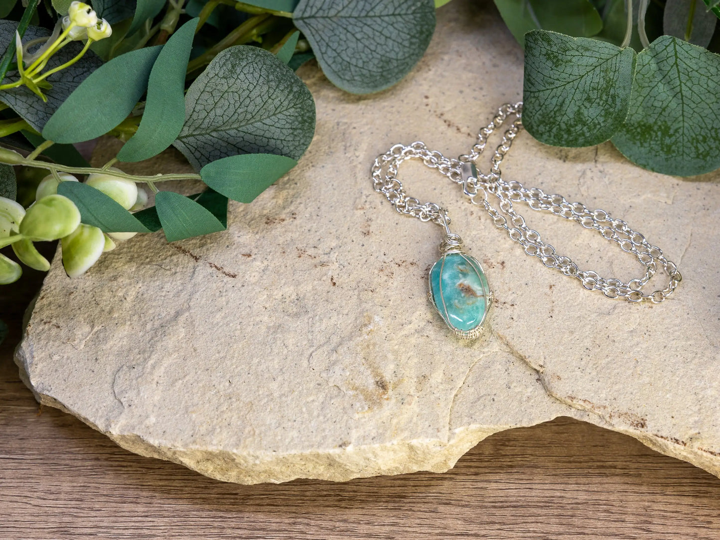 Wire-Wrapped Smithsonite/Caribbean Calcite with Sterling Necklace by Josh Felix