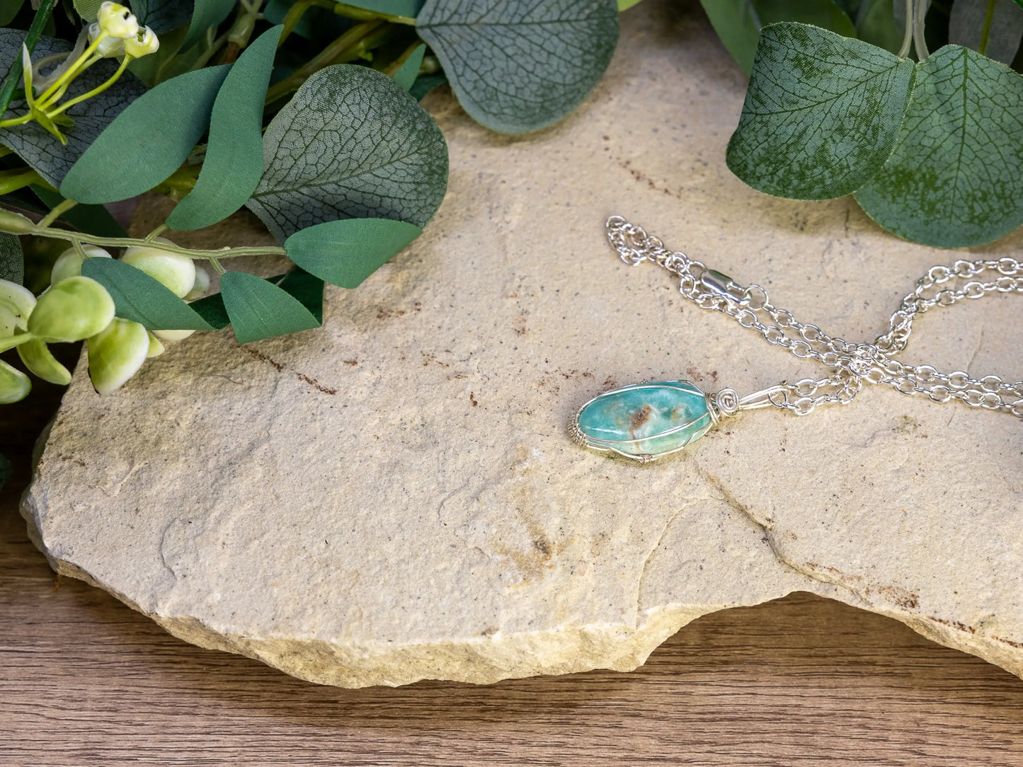 Wire-Wrapped Smithsonite/Caribbean Calcite with Sterling Necklace by Josh Felix