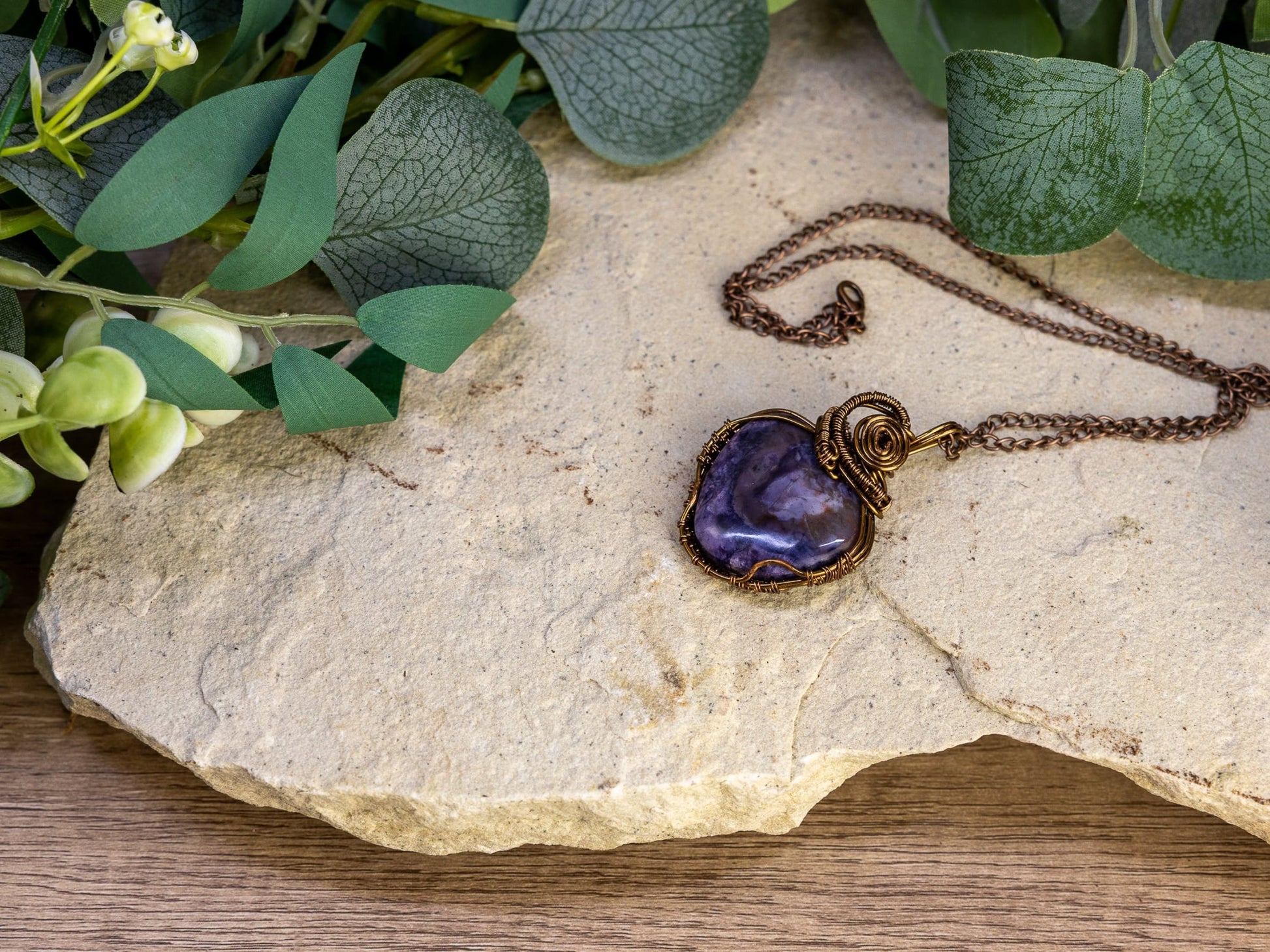 Wire-Wrapped Tiffany Stone with Copper Necklace