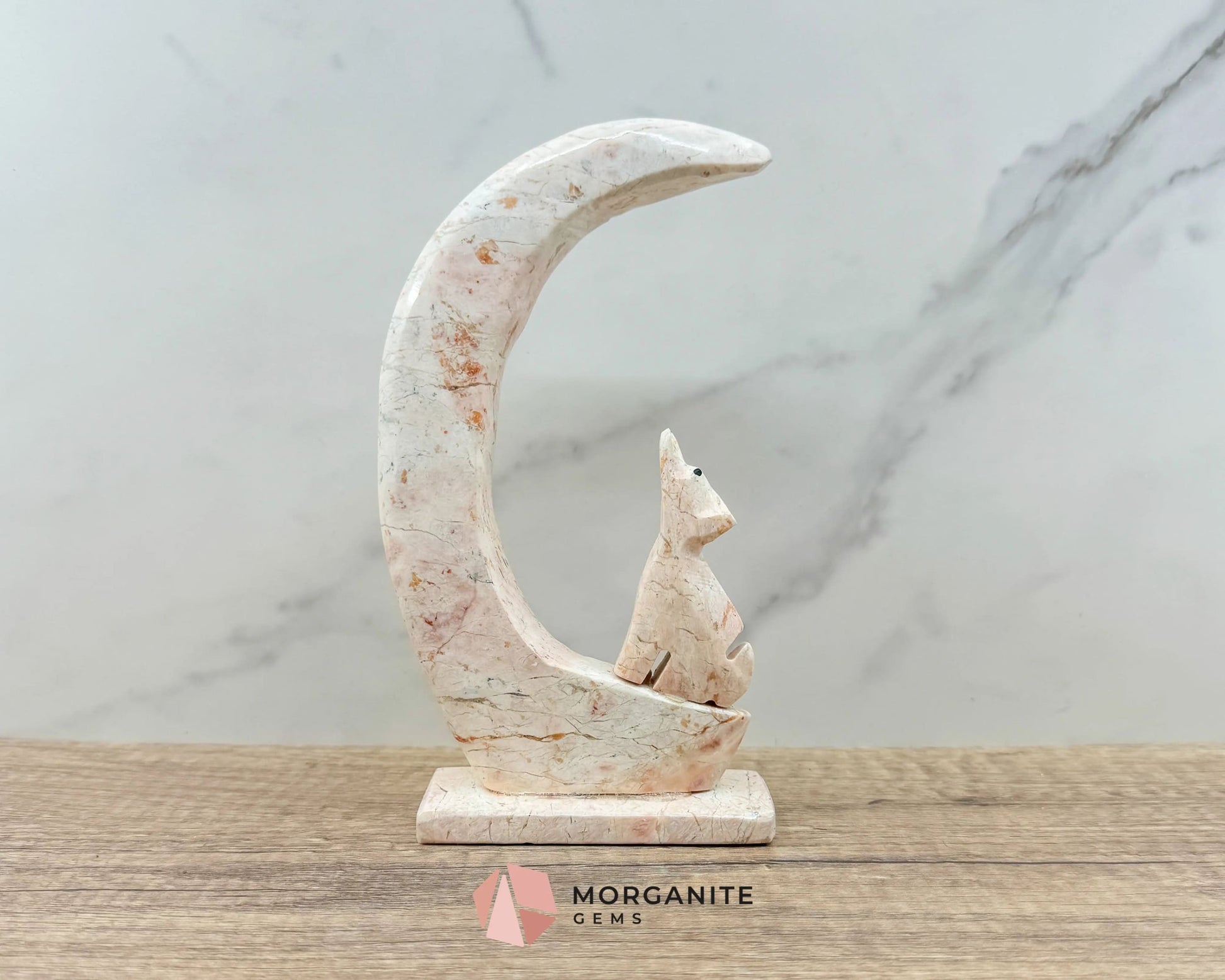 Wolf in Crescent Moon Onyx Carving – Unique Natural Stone Artwork for Strength, Intuition & Mystical Decor-Morganite Gems