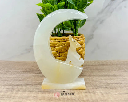 Wolf in Crescent Moon Onyx Carving – Unique Natural Stone Artwork for Strength, Intuition & Mystical Decor-Morganite Gems