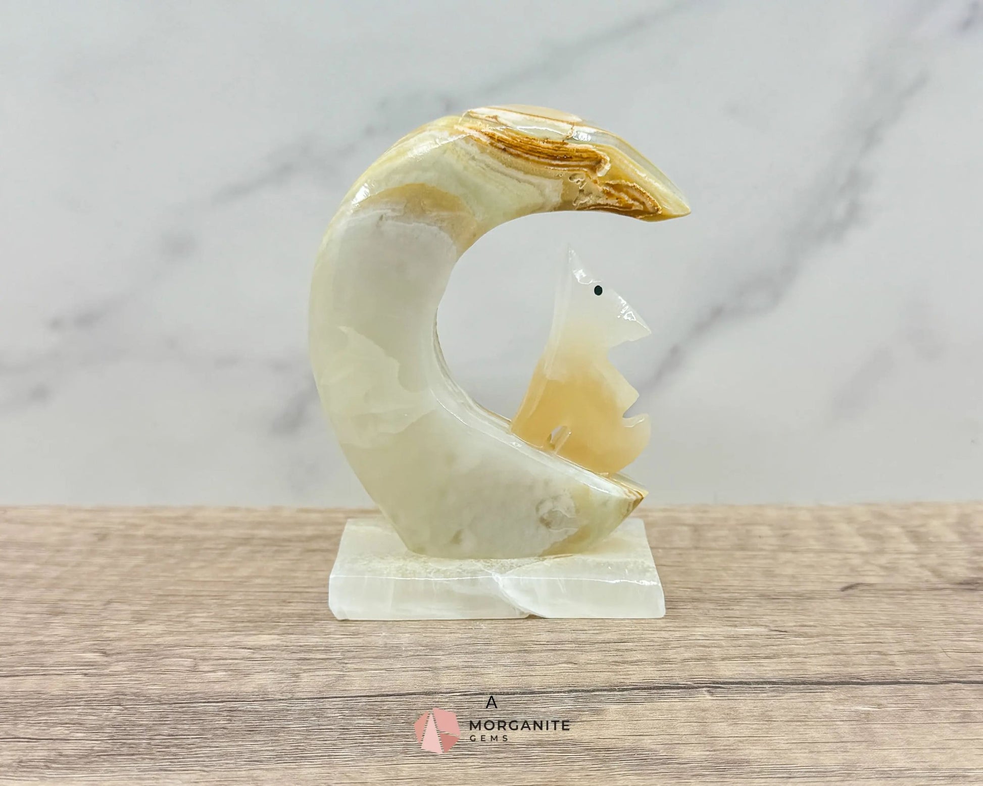 Wolf in Crescent Moon Onyx Carving – Unique Natural Stone Artwork for Strength, Intuition & Mystical Decor-Morganite Gems