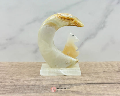 Wolf in Crescent Moon Onyx Carving – Unique Natural Stone Artwork for Strength, Intuition & Mystical Decor-Morganite Gems