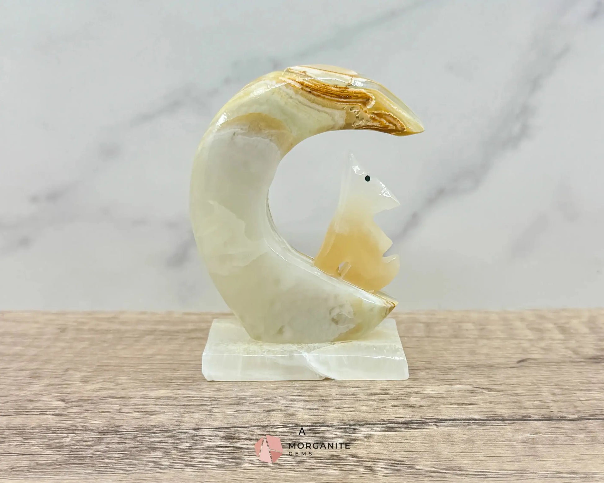 Wolf in Crescent Moon Onyx Carving – Unique Natural Stone Artwork for Strength, Intuition & Mystical Decor-Morganite Gems
