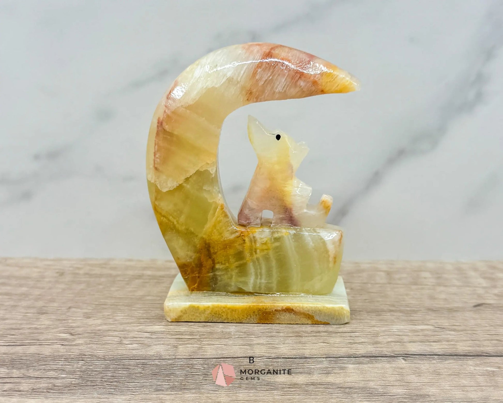 Wolf in Crescent Moon Onyx Carving – Unique Natural Stone Artwork for Strength, Intuition & Mystical Decor-Morganite Gems