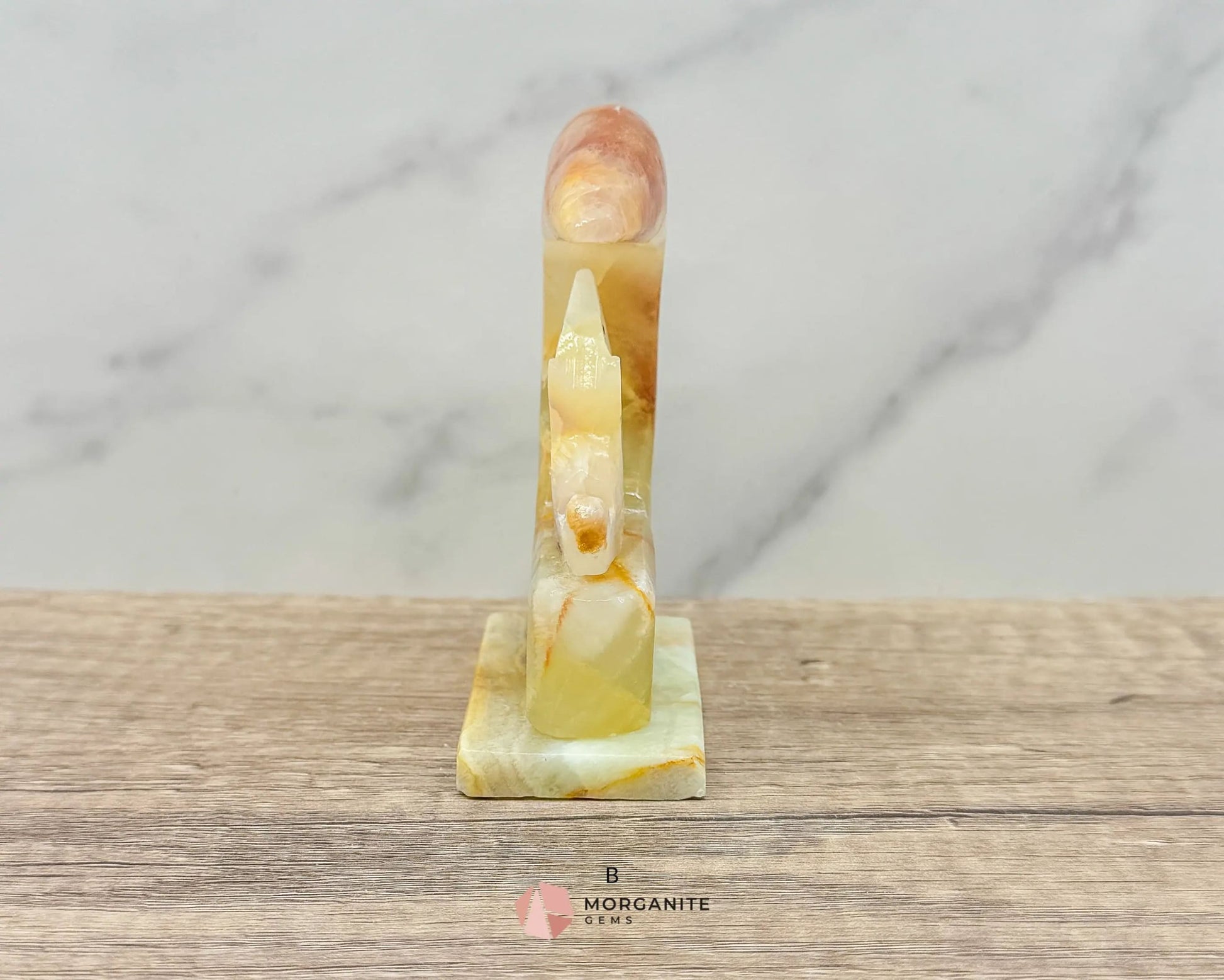 Wolf in Crescent Moon Onyx Carving – Unique Natural Stone Artwork for Strength, Intuition & Mystical Decor-Morganite Gems