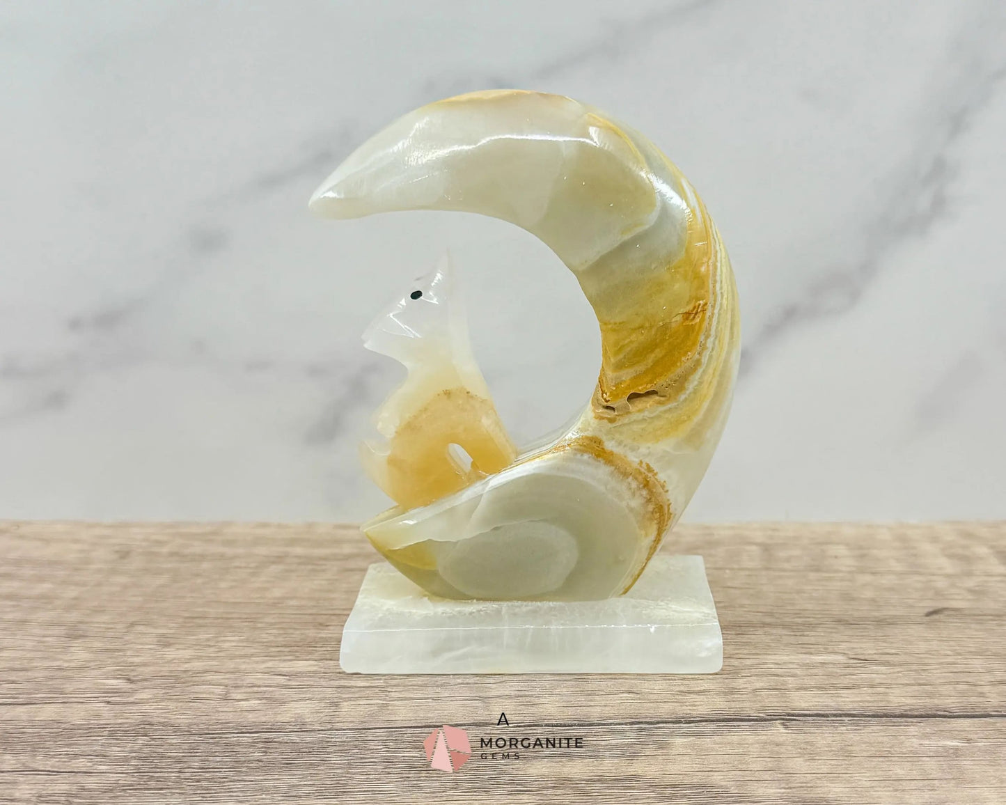 Wolf in Crescent Moon Onyx Carving – Unique Natural Stone Artwork for Strength, Intuition & Mystical Decor-Morganite Gems