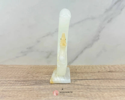 Wolf in Crescent Moon Onyx Carving – Unique Natural Stone Artwork for Strength, Intuition & Mystical Decor-Morganite Gems