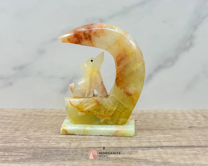 Wolf in Crescent Moon Onyx Carving – Unique Natural Stone Artwork for Strength, Intuition & Mystical Decor-Morganite Gems