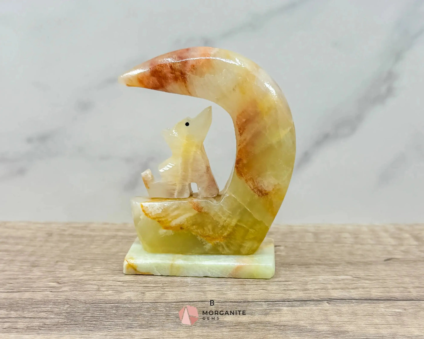 Wolf in Crescent Moon Onyx Carving – Unique Natural Stone Artwork for Strength, Intuition & Mystical Decor-Morganite Gems