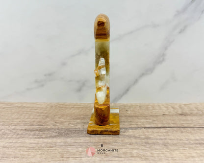 Wolf in Crescent Moon Onyx Carving – Unique Natural Stone Artwork for Strength, Intuition & Mystical Decor-Morganite Gems