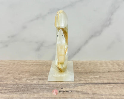 Wolf in Crescent Moon Onyx Carving – Unique Natural Stone Artwork for Strength, Intuition & Mystical Decor-Morganite Gems