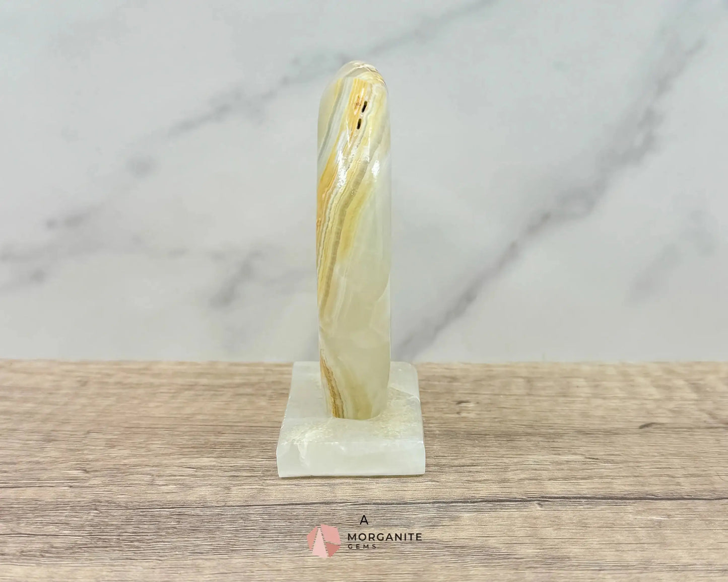 Wolf in Crescent Moon Onyx Carving – Unique Natural Stone Artwork for Strength, Intuition & Mystical Decor-Morganite Gems