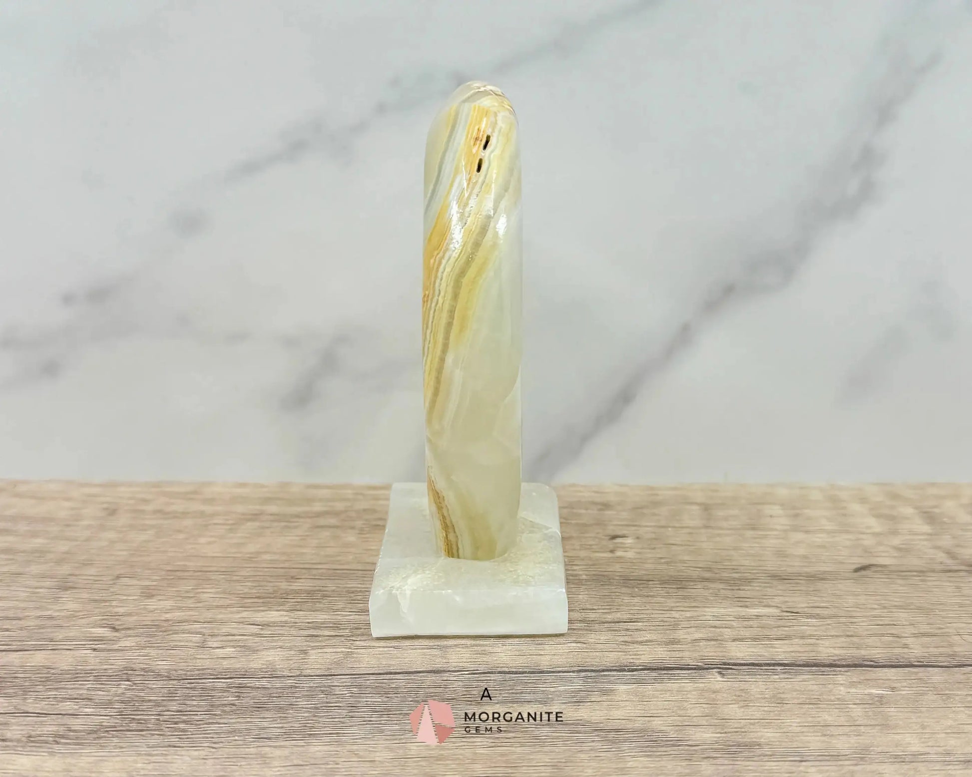 Wolf in Crescent Moon Onyx Carving – Unique Natural Stone Artwork for Strength, Intuition & Mystical Decor-Morganite Gems