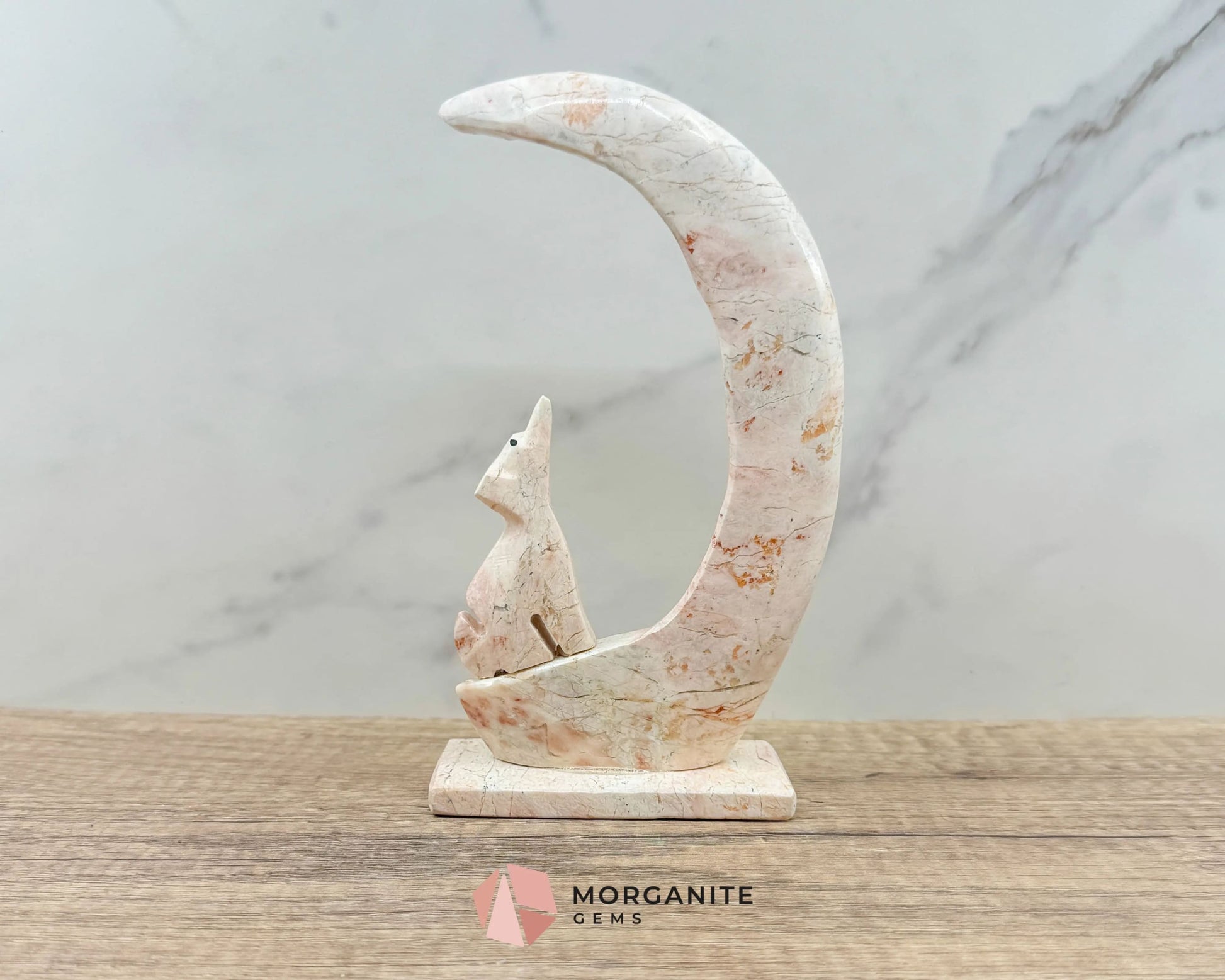 Wolf in Crescent Moon Onyx Carving – Unique Natural Stone Artwork for Strength, Intuition & Mystical Decor-Morganite Gems